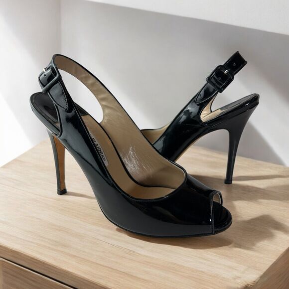Manolo Blahnik Black Patent Leather Slingback Pump Peep Toe High Heels 38 US 8 - Picture 16 of 16